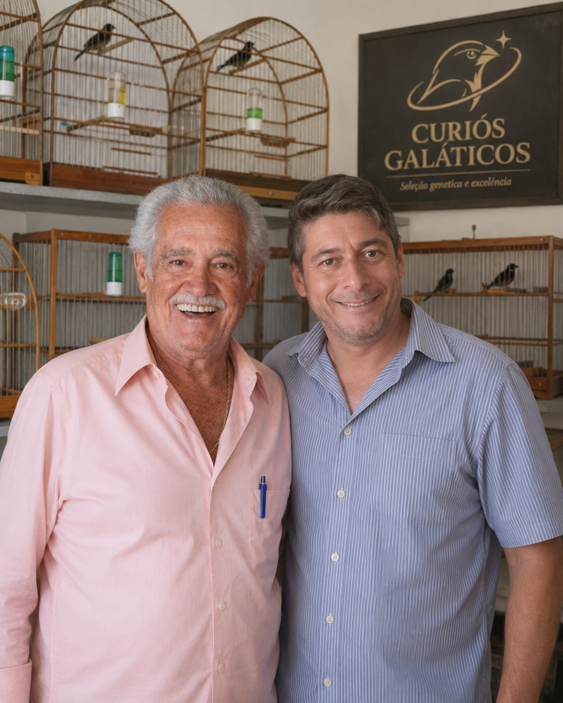 Mario Turchetti e Valdir Iossi juntos em ambiente com gaiolas e identidade visual do Curiós Galáticos